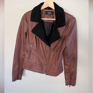 CoffeeShop Brown Leather Jacket Black Shearling Collar Moto Zip Coat